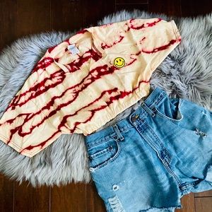 Vintage Bleach Wash Distressed Smiley Crop